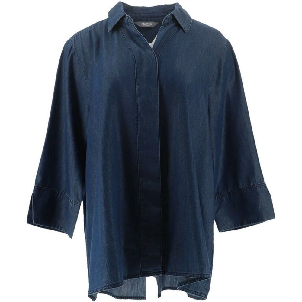 Martha Stewart Chambray Button Front 3/4- Sleeve Hi-Low Hem Blouse - Picture 4 of 8